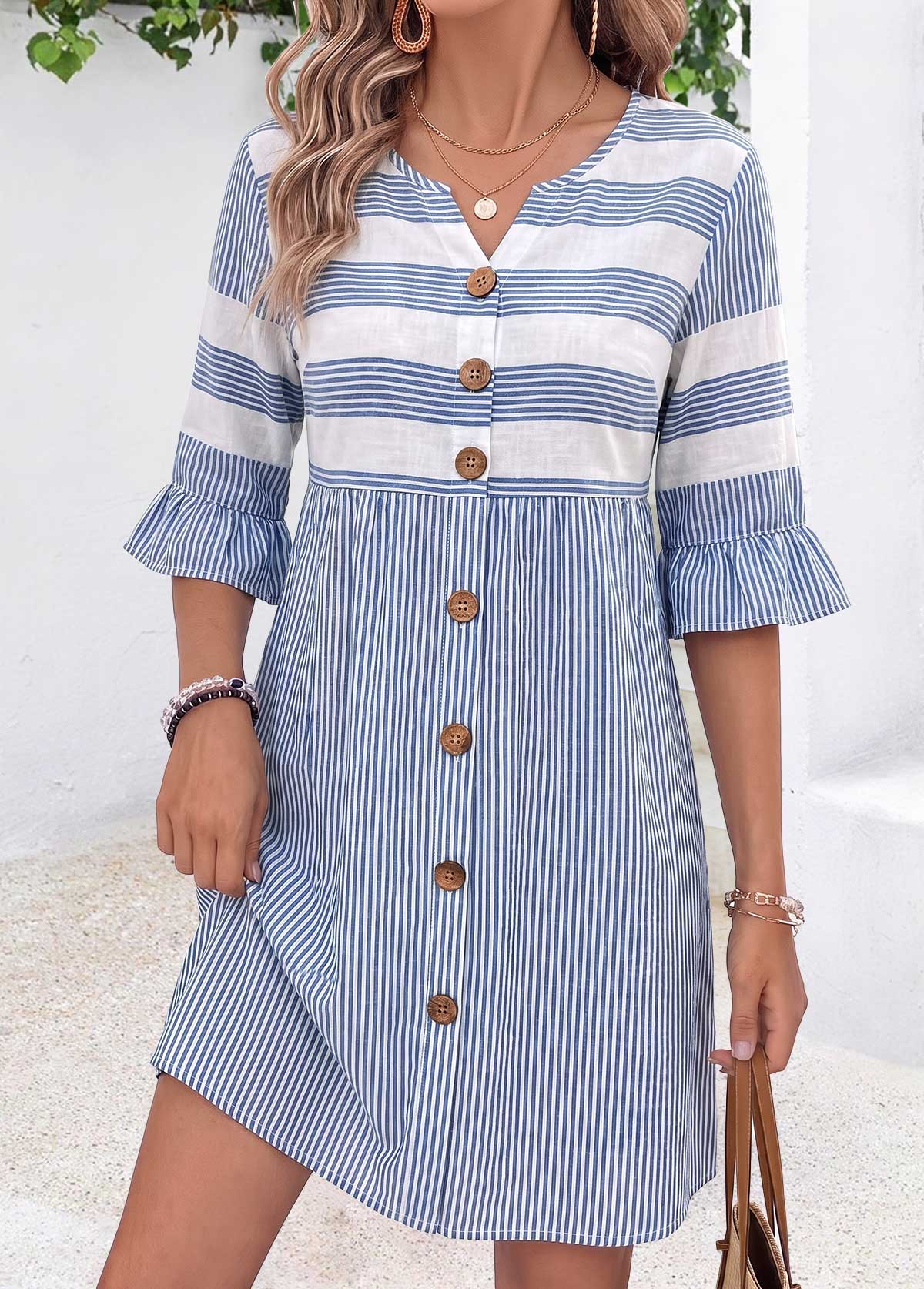 Blue Striped Short Tummy Coverage Half Sleeve Dress | picture 