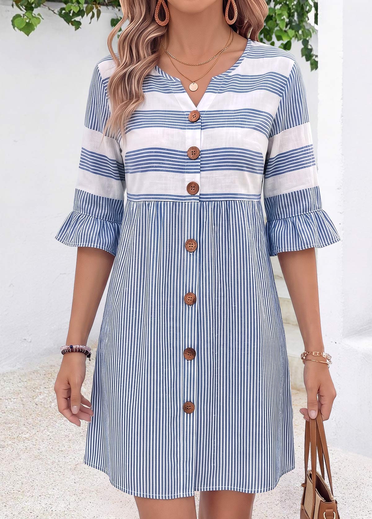 Blue Striped Short Tummy Coverage Half Sleeve Dress | picture 