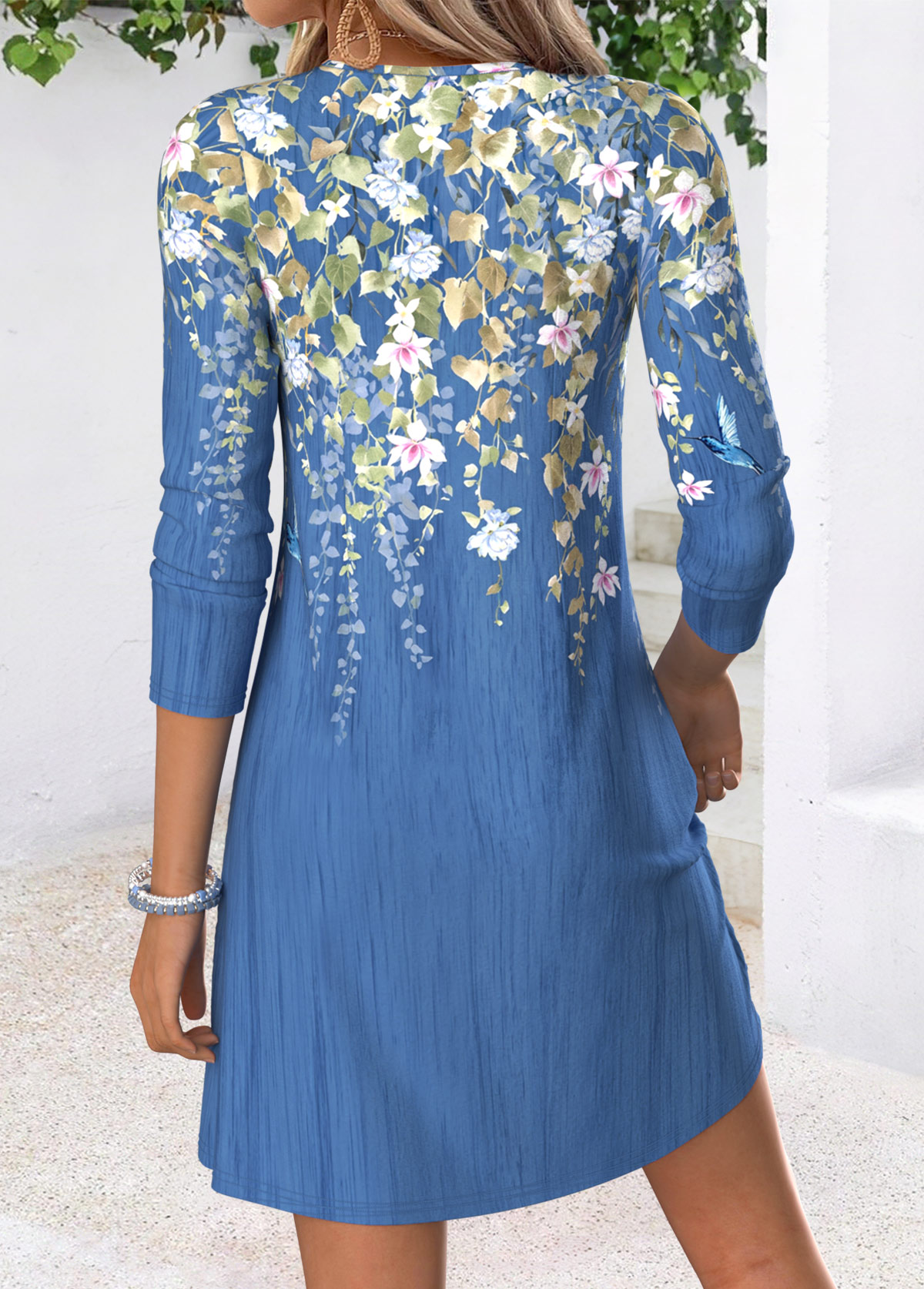 Blue Floral Print Short Tuck Stitch Long Sleeve Dress | picture 