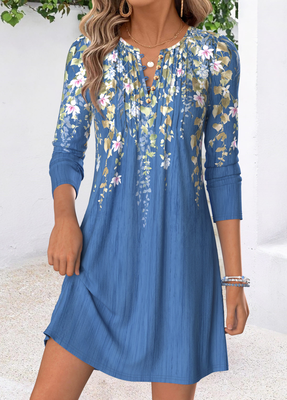 Blue Floral Print Short Tuck Stitch Long Sleeve Dress | picture 