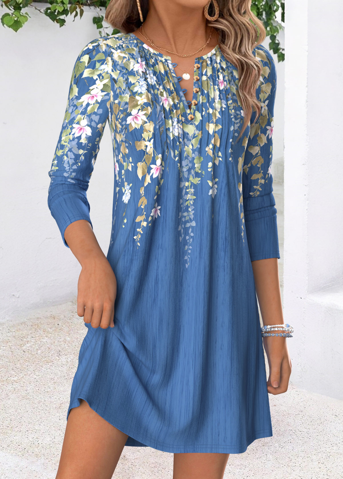 Blue Floral Print Short Tuck Stitch Long Sleeve Dress | picture 
