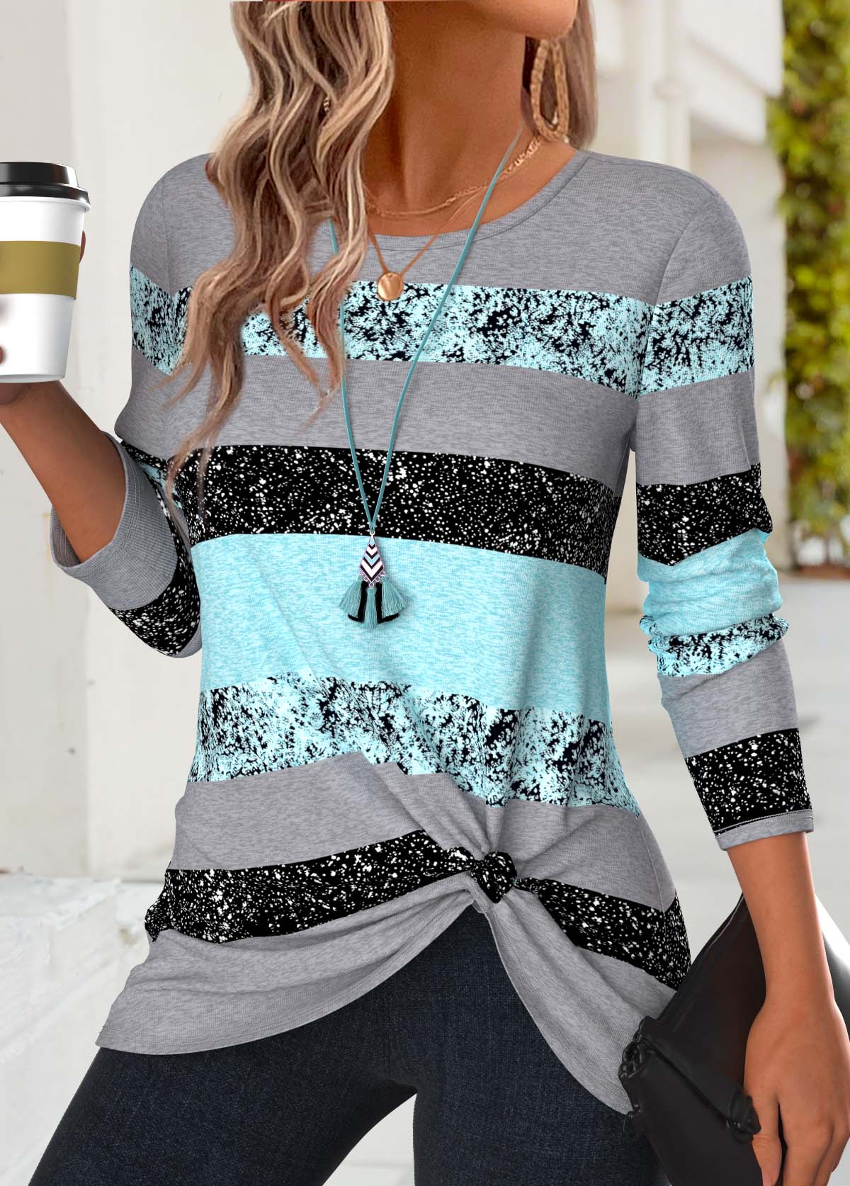 Mint Green Striped Twist Long Sleeve T Shirt | picture 