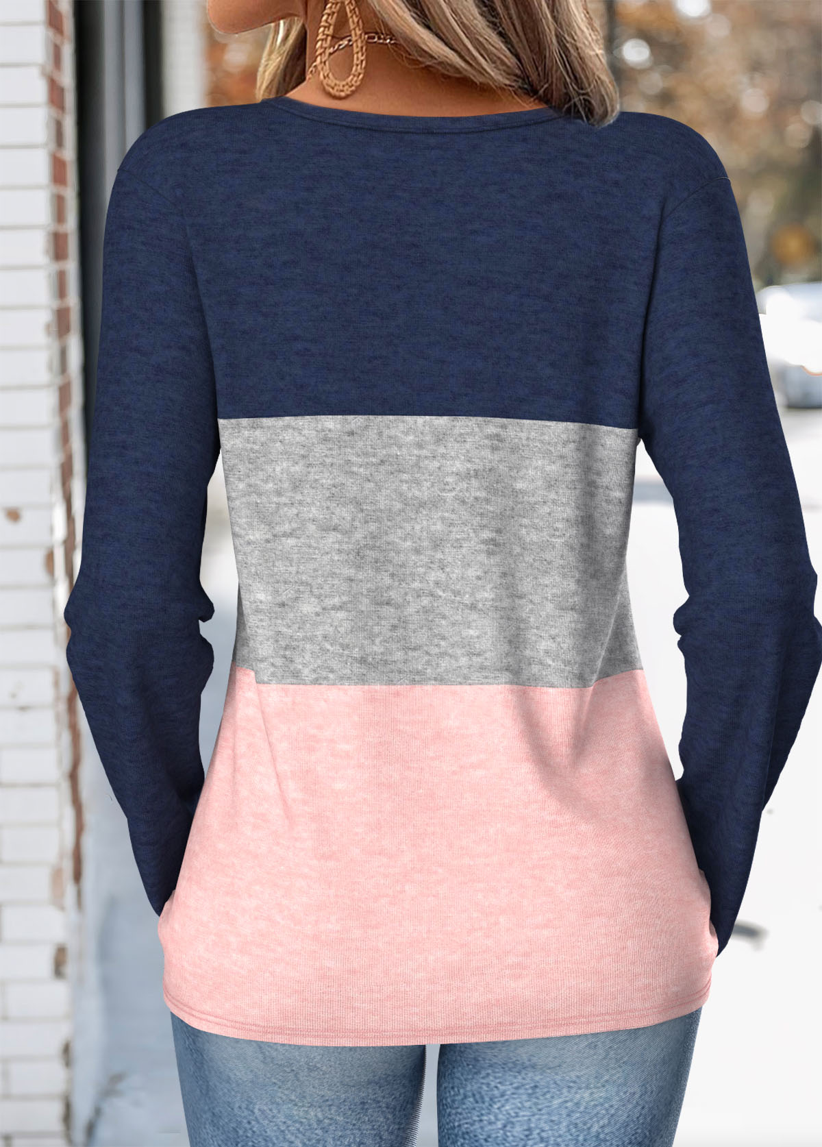 Multi Color Button Long Sleeve Split Neck T Shirt | picture 