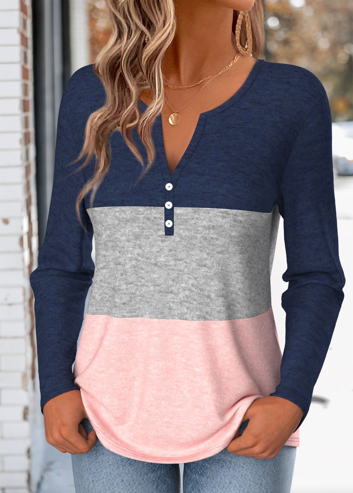 Multi Color Button Long Sleeve Split Neck T Shirt | picture 
