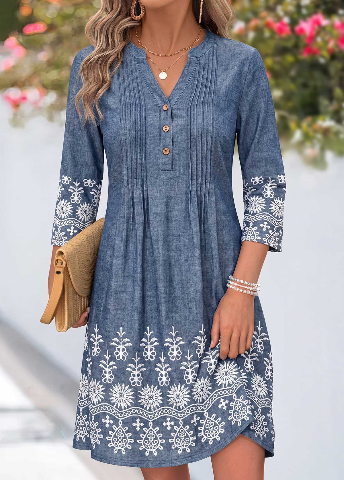 Denim Blue Tribal Print Short Tuck Stitch Dress | picture 