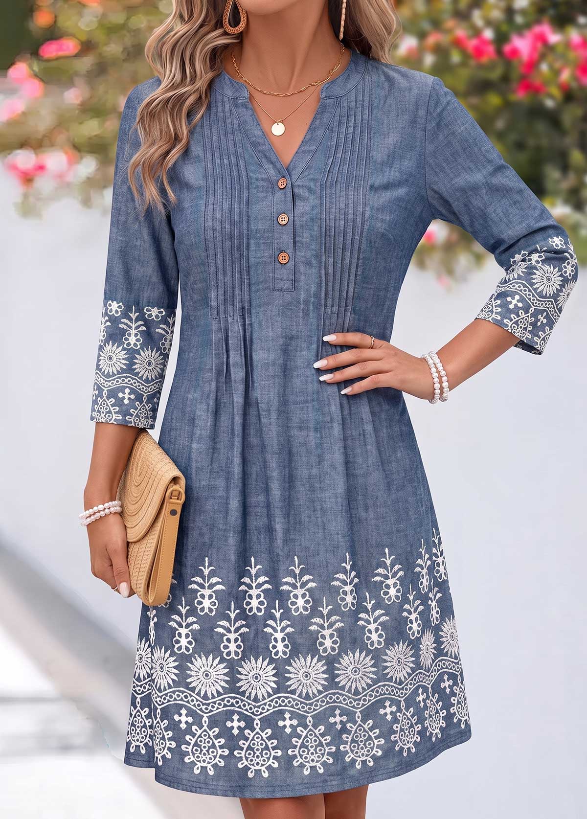 Denim Blue Tribal Print Short Tuck Stitch Dress | picture 