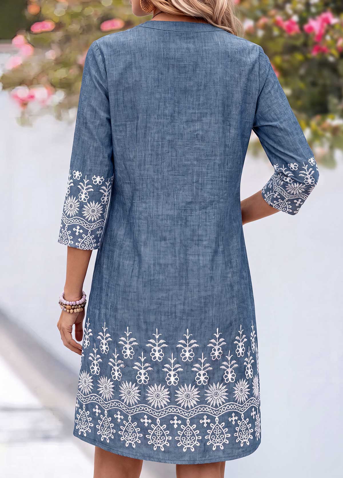Denim Blue Tribal Print Short Tuck Stitch Dress | picture 