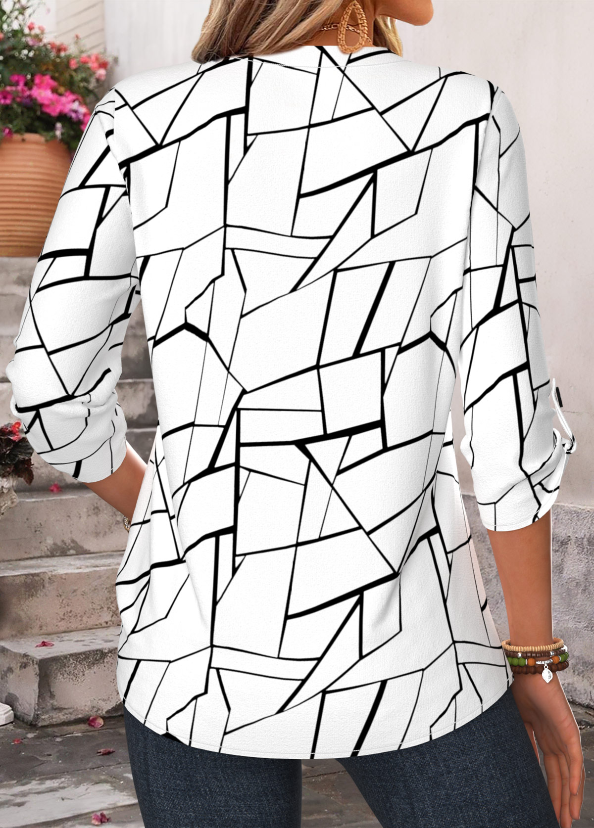 White Geometric Print Curved Hem 3/4 Sleeve Shirt | picture 