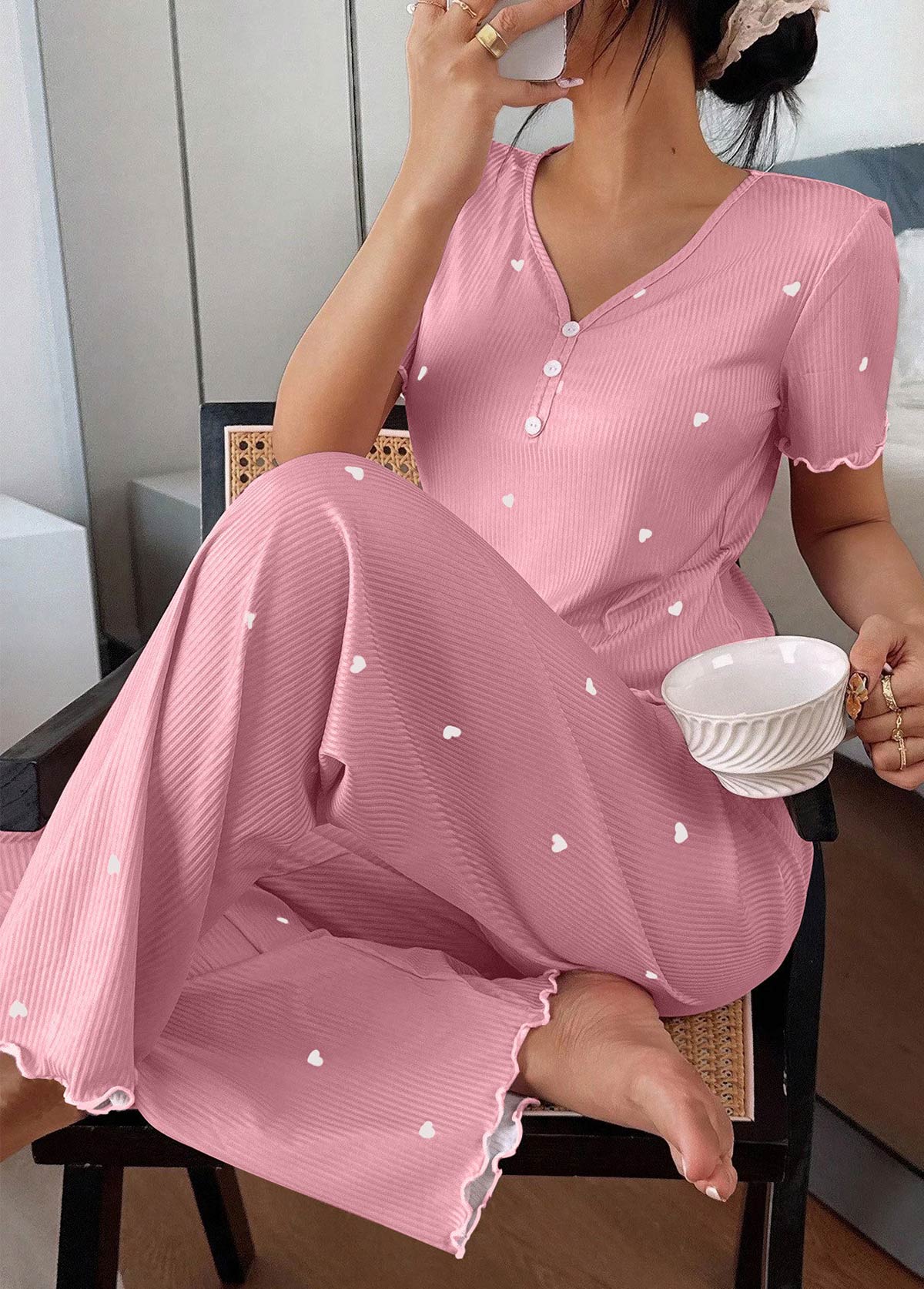 Pink Heart Print Short Sleeve Lounge Top and Pants | picture 