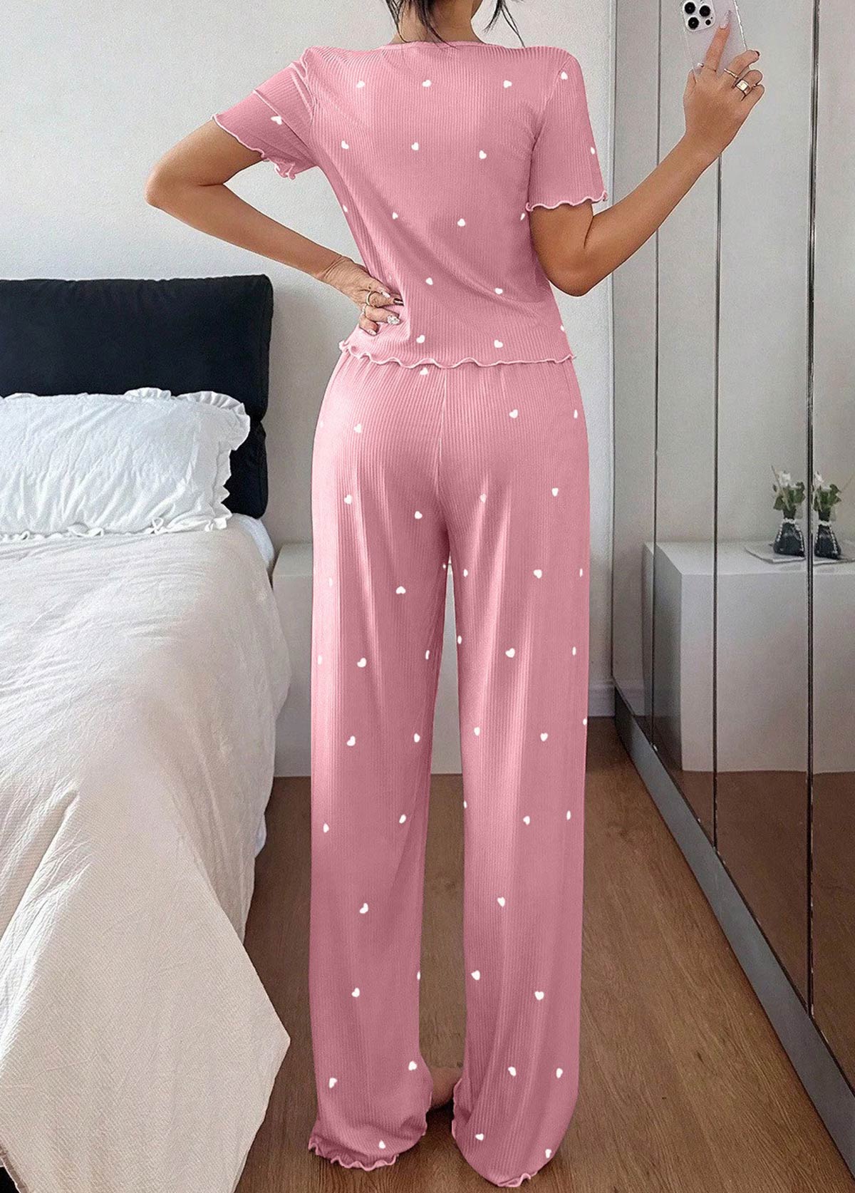 Pink Heart Print Short Sleeve Lounge Top and Pants | picture 