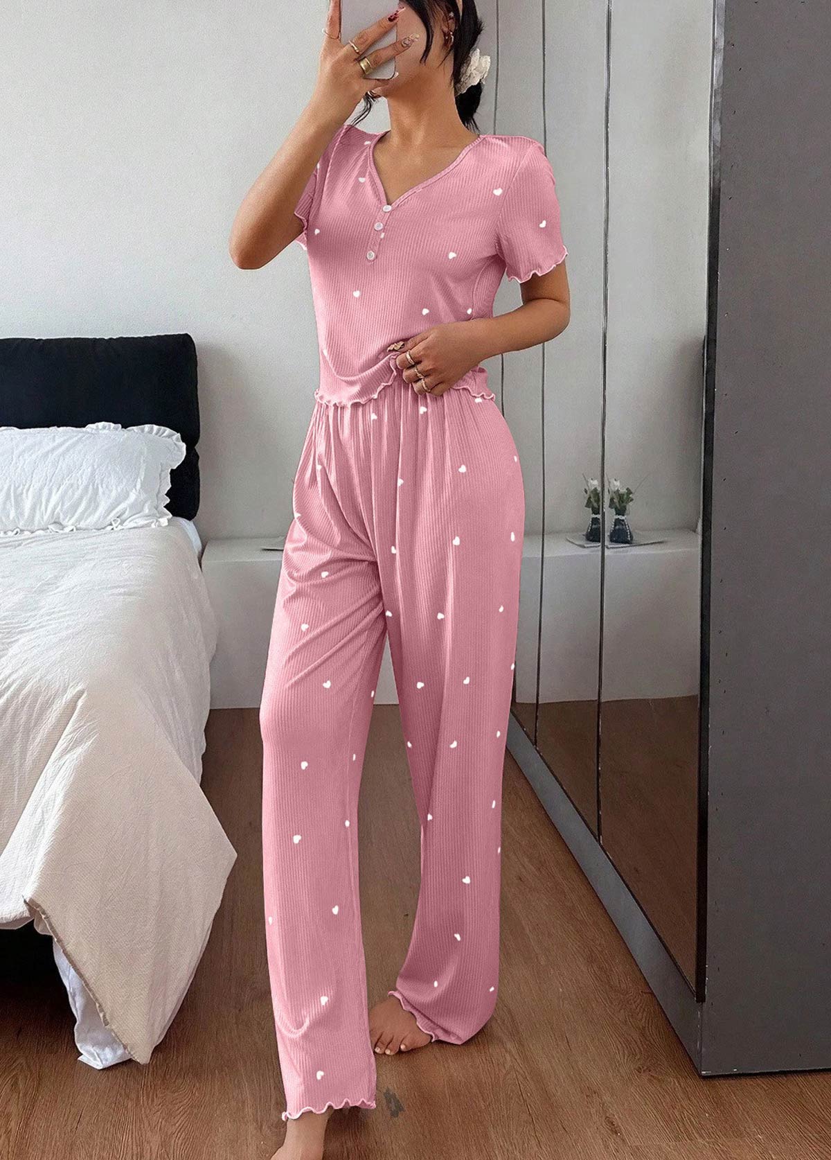 Pink Heart Print Short Sleeve Lounge Top and Pants | picture 