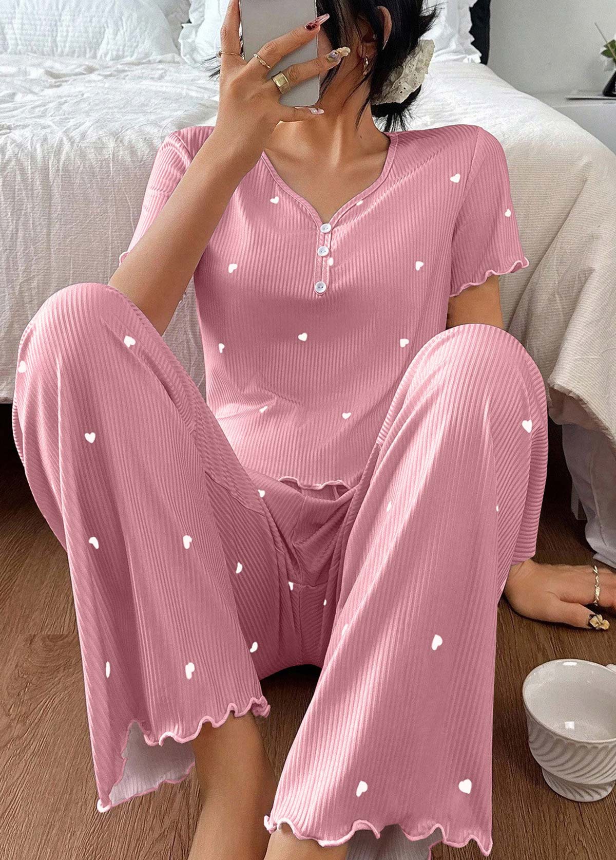 Pink Heart Print Short Sleeve Lounge Top and Pants | picture 