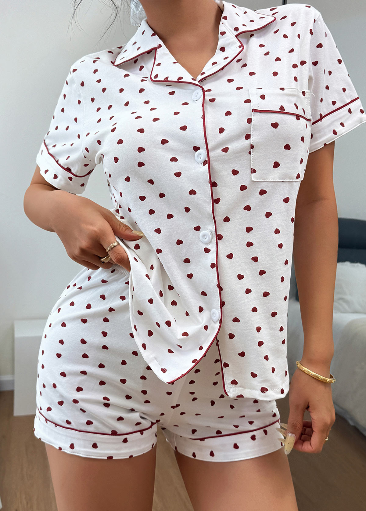 White Heart Print Short Sleeve Lounge Top and Shorts | picture 