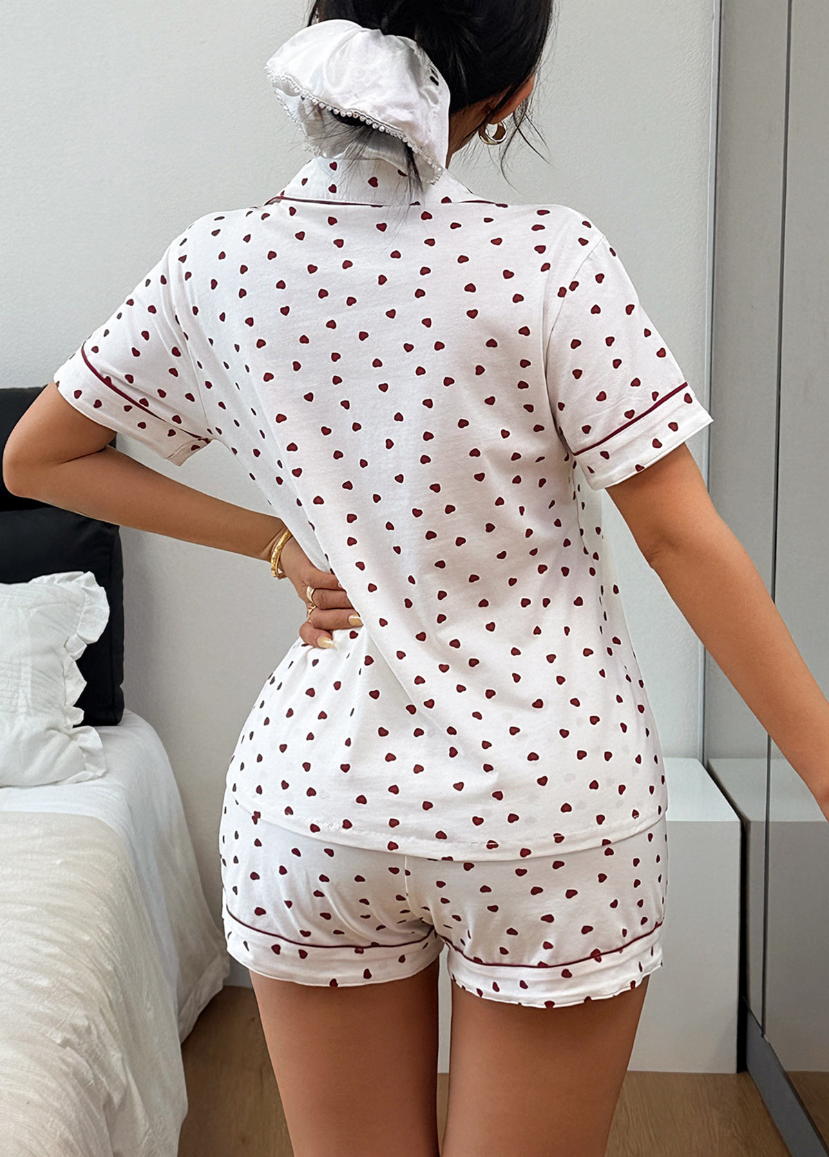 White Heart Print Short Sleeve Lounge Top and Shorts | picture 