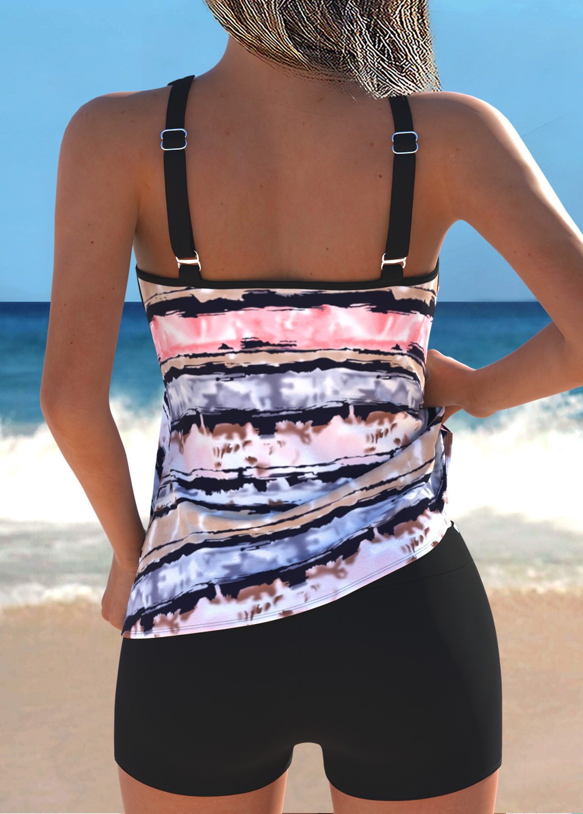 Black Ruched/shirred Leaf Print Tankini Top-No Bottom | picture 