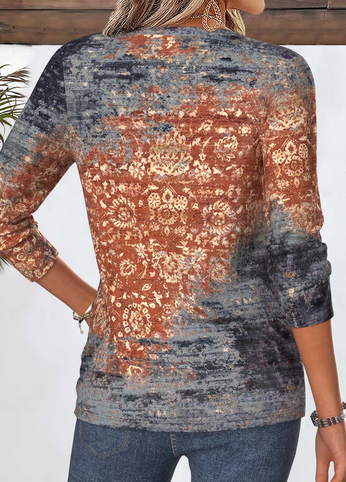 Dusty Blue Tribal Print Curved Hem T Shirt | picture 