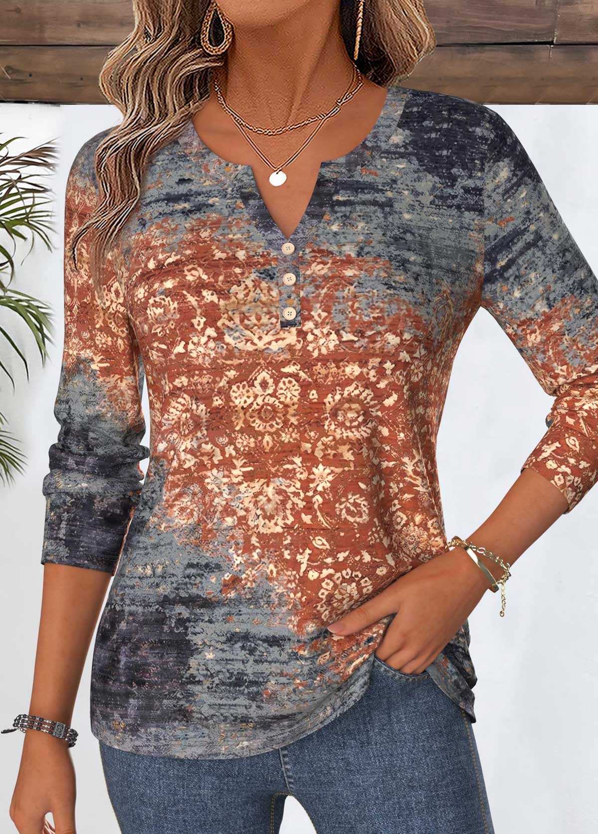 Dusty Blue Tribal Print Curved Hem T Shirt | picture 