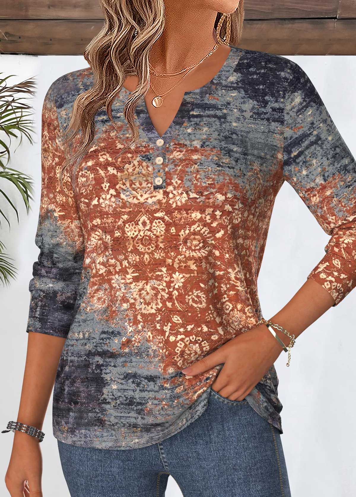 Dusty Blue Tribal Print Curved Hem T Shirt | picture 