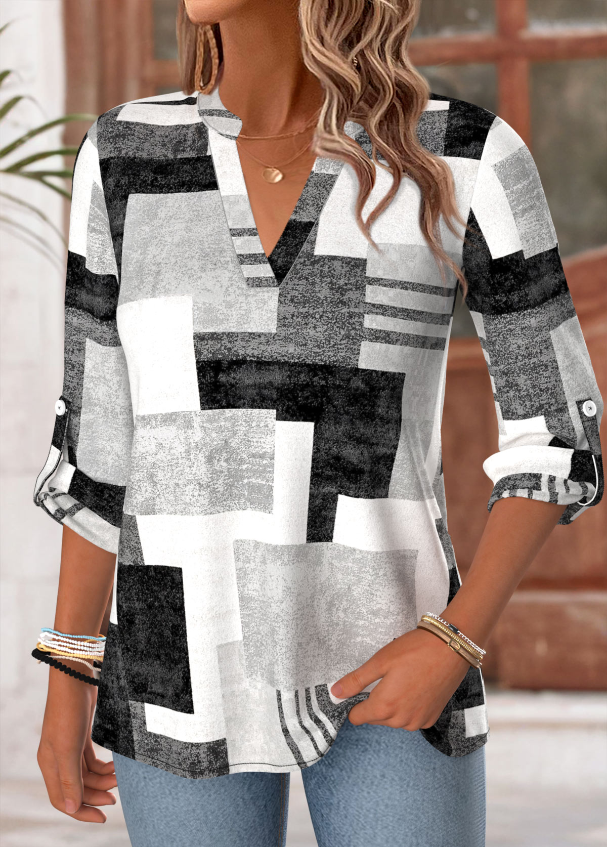 Dark Grey Geometric Print Tummy Coverage Long Sleeve Blouse | picture 