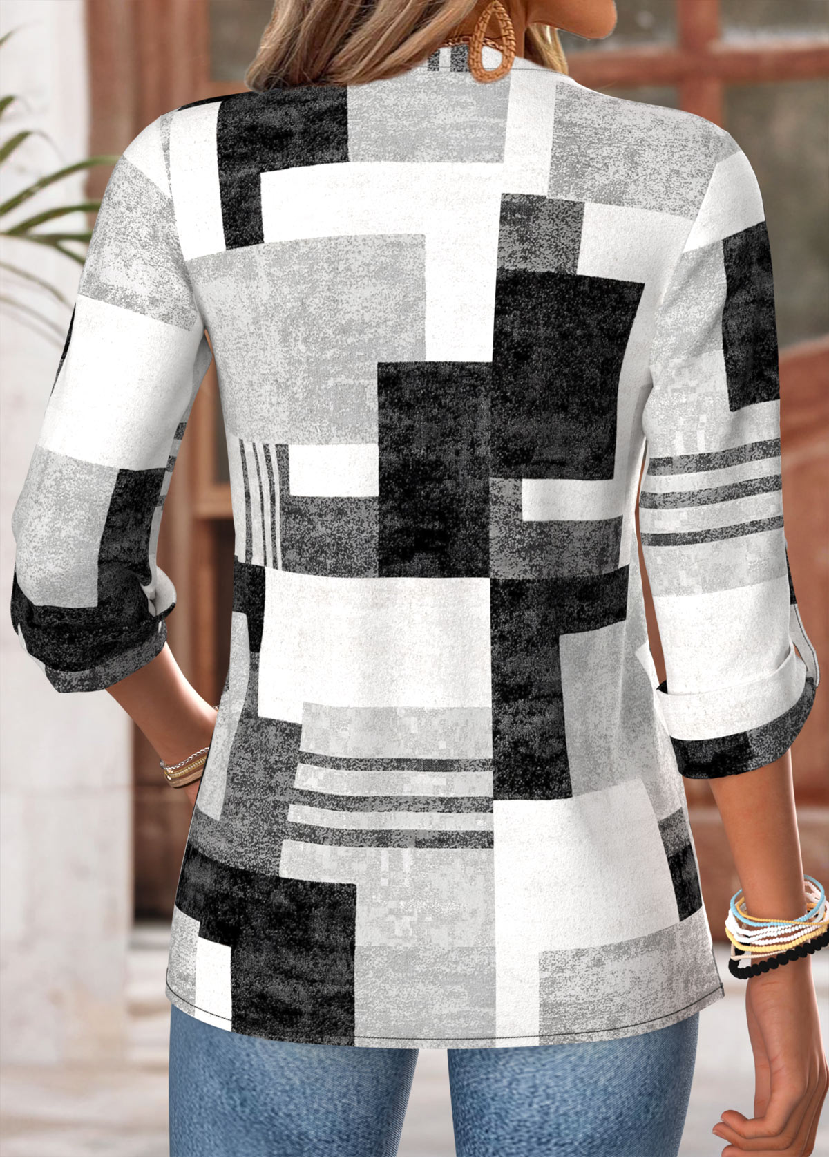 Dark Grey Geometric Print Tummy Coverage Long Sleeve Blouse | picture 
