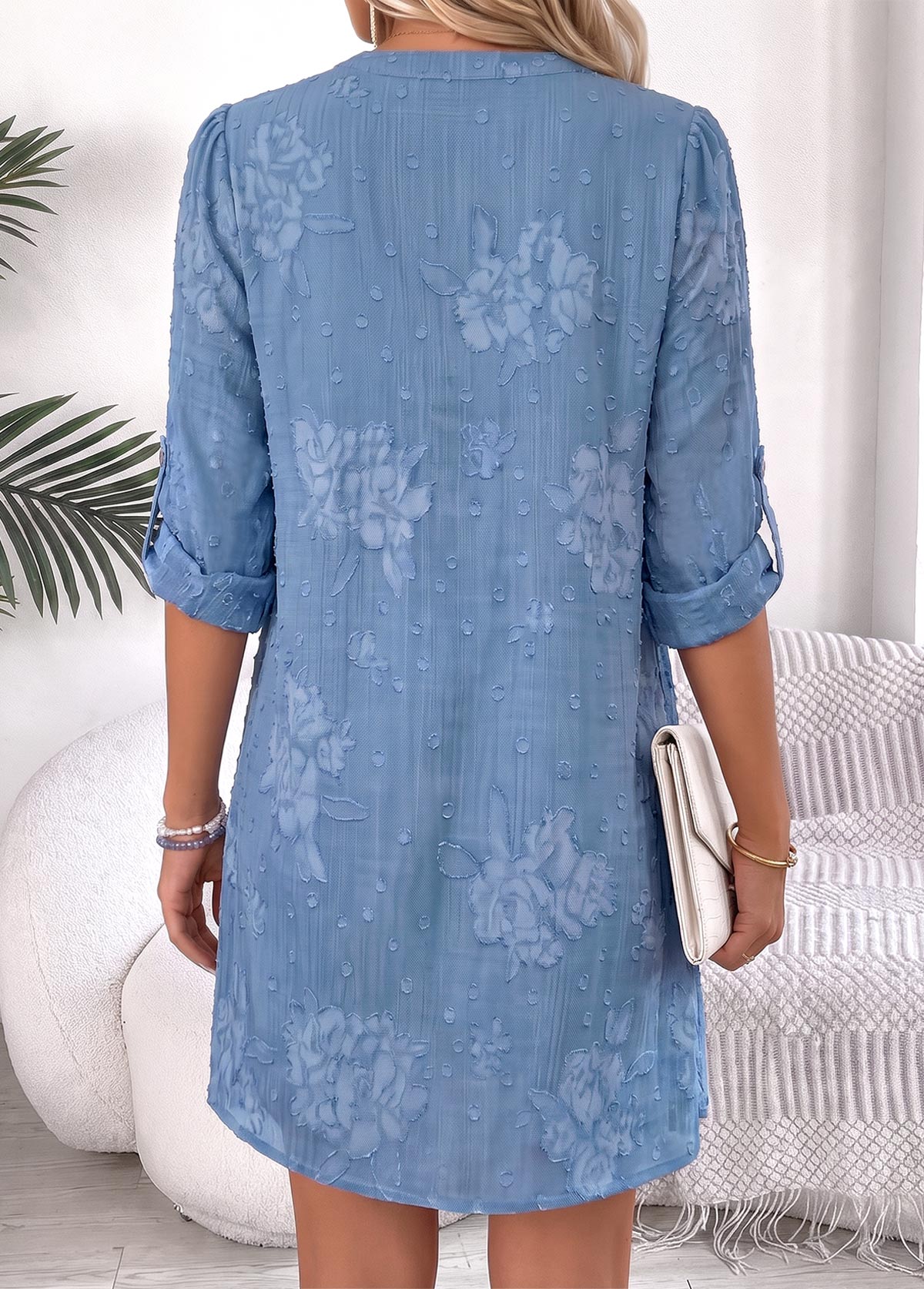 Blue Short Tummy Coverage Long Sleeve Split Neck Dress | picture 