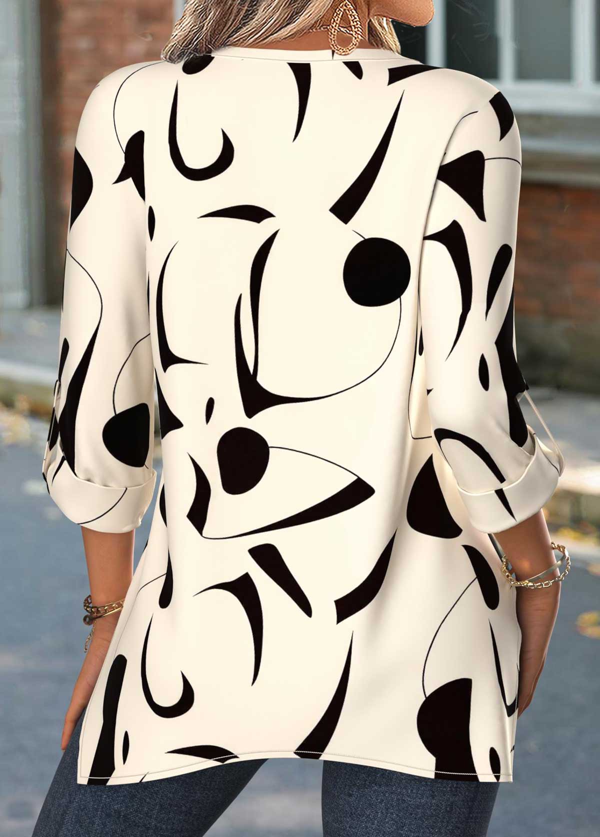 Beige Geometric Print Patchwork 3/4 Sleeve Split Neck Blouse | picture 