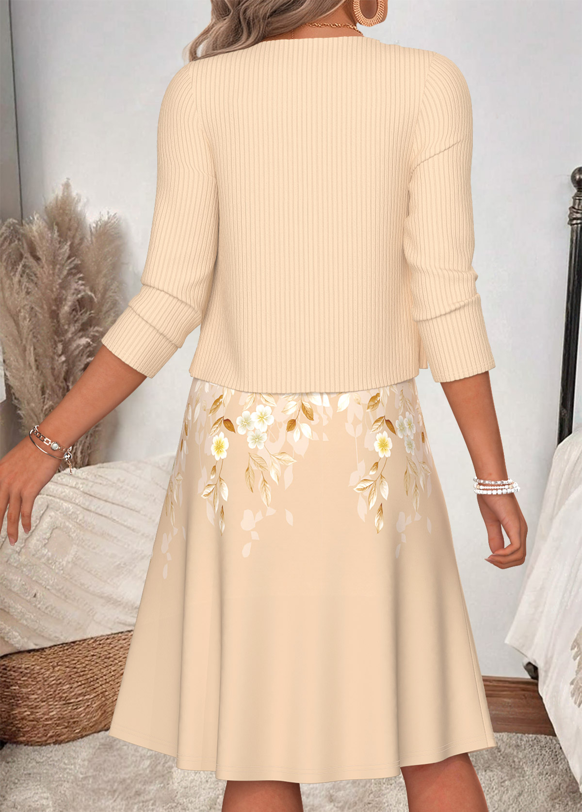 Beige Floral Print Two-piece Long Sleeve Dress and Cardigan | picture 