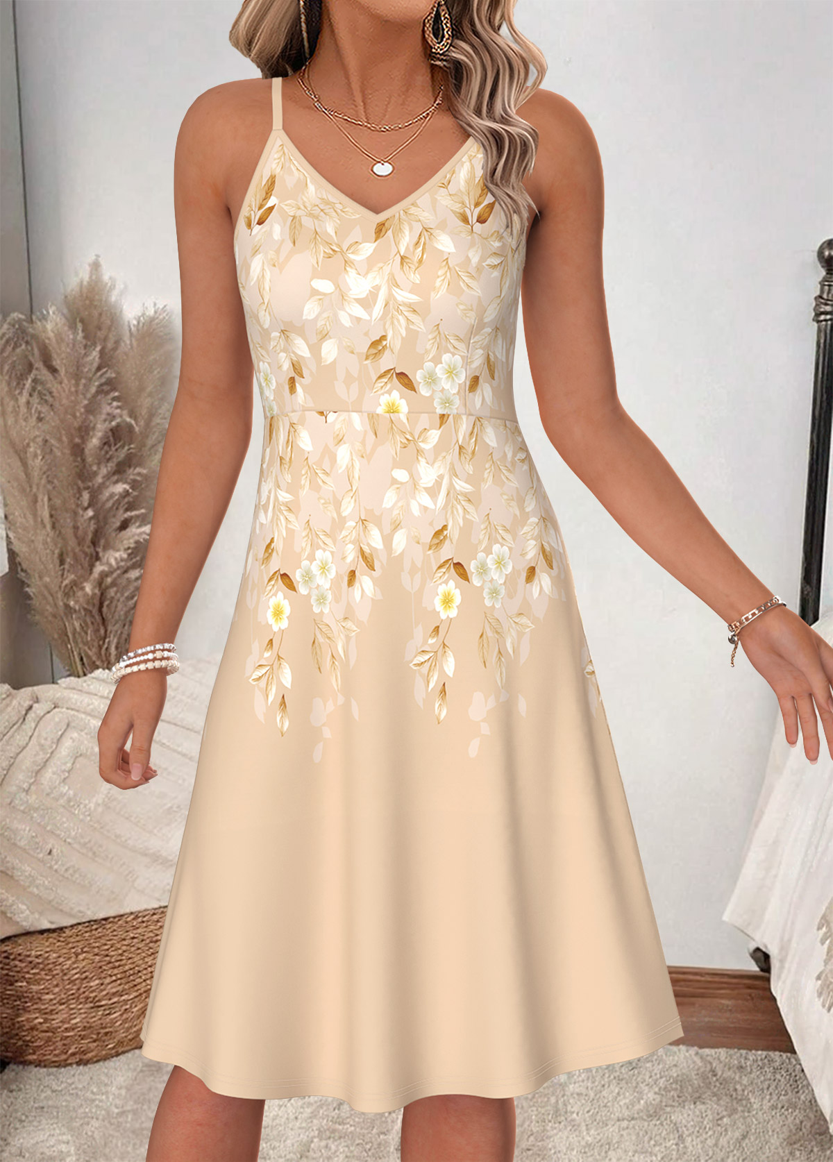 Beige Floral Print Two-piece Long Sleeve Dress and Cardigan | picture 