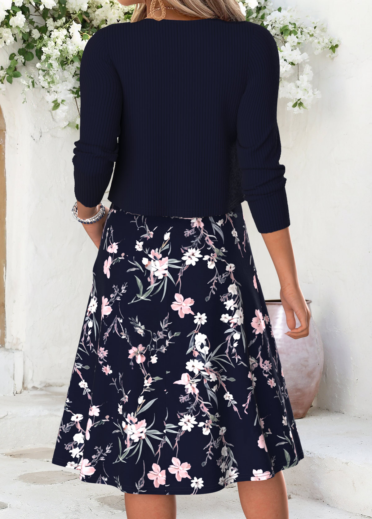 Navy Floral Print Double Side Pockets Long Sleeve Dress | picture 