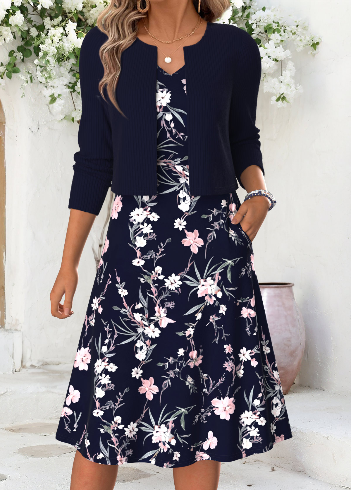 Navy Floral Print Double Side Pockets Long Sleeve Dress | picture 