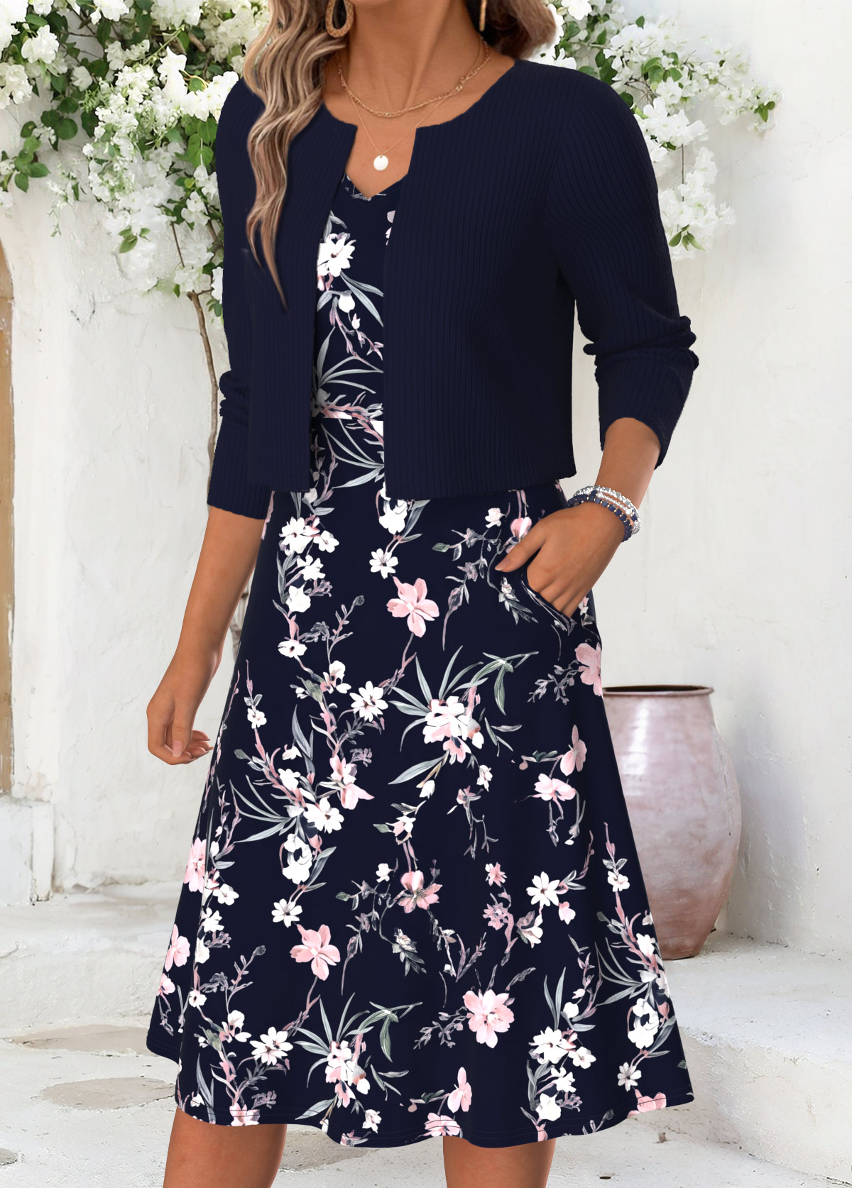 Navy Floral Print Double Side Pockets Long Sleeve Dress | picture 