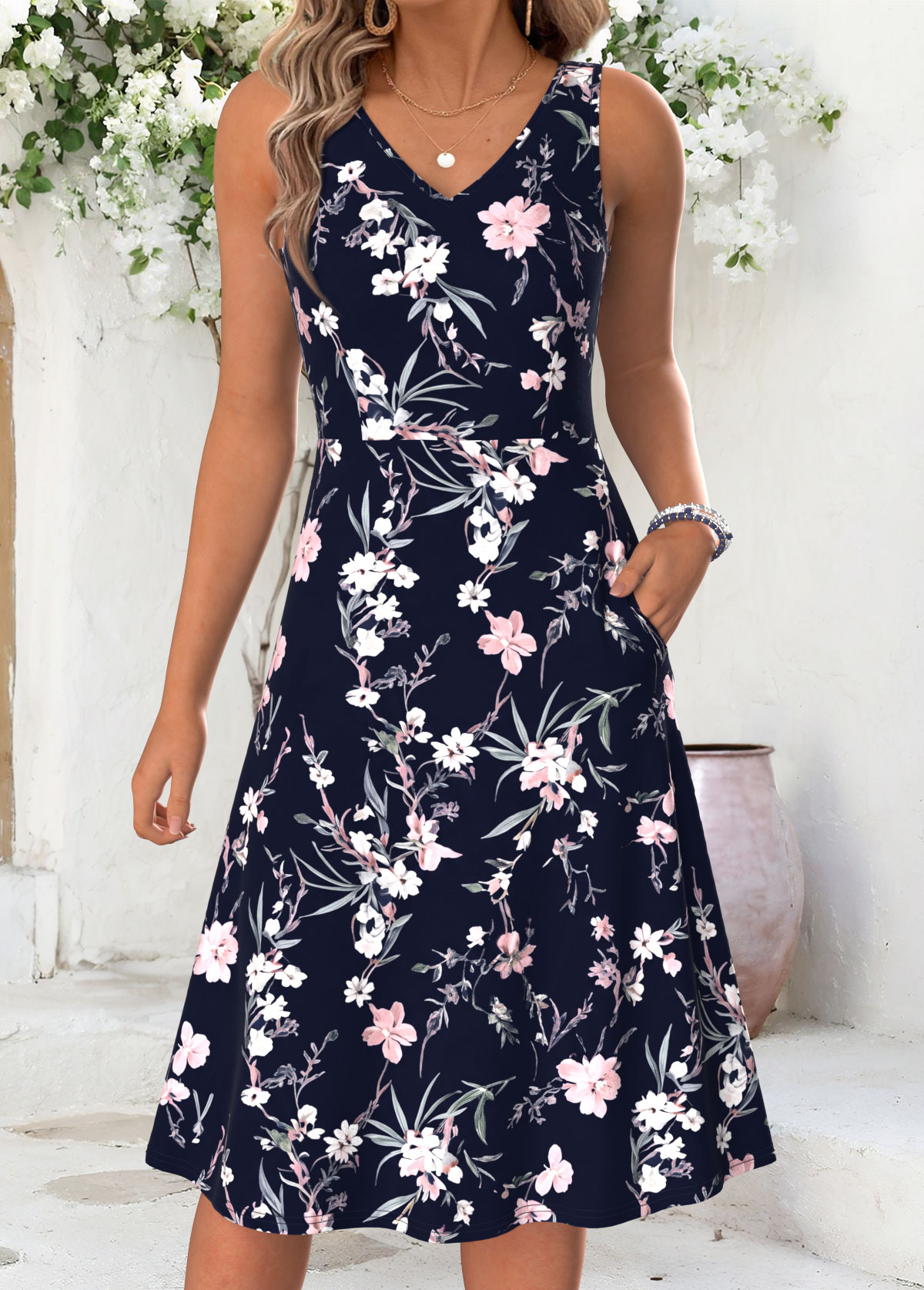 Navy Floral Print Double Side Pockets Long Sleeve Dress | picture 