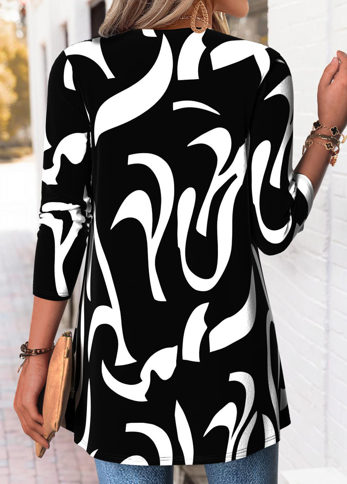 Black Geometric Print Long Sleeve Fake Two Piece Twinset | picture 