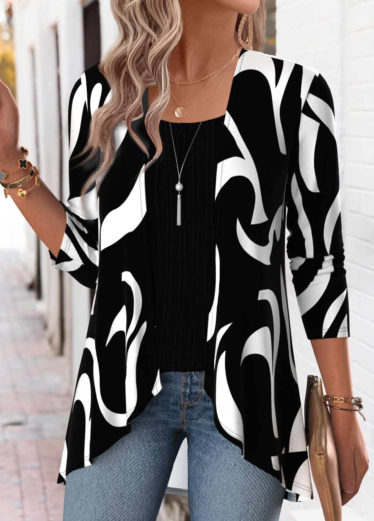 Black Geometric Print Long Sleeve Fake Two Piece Twinset | picture 