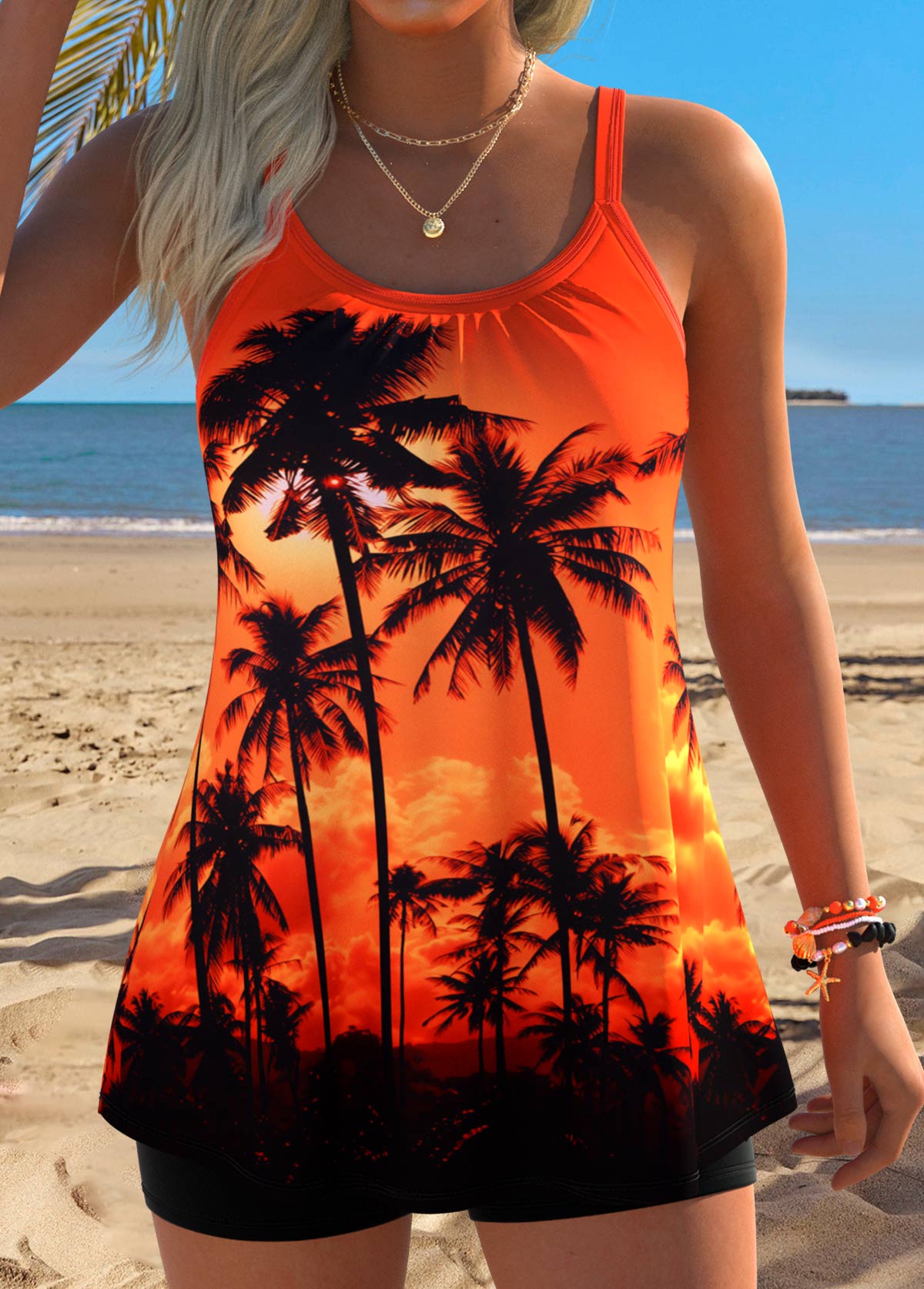 Orange Tummy Coverage Tropical Plants Print Tankini Set | picture 