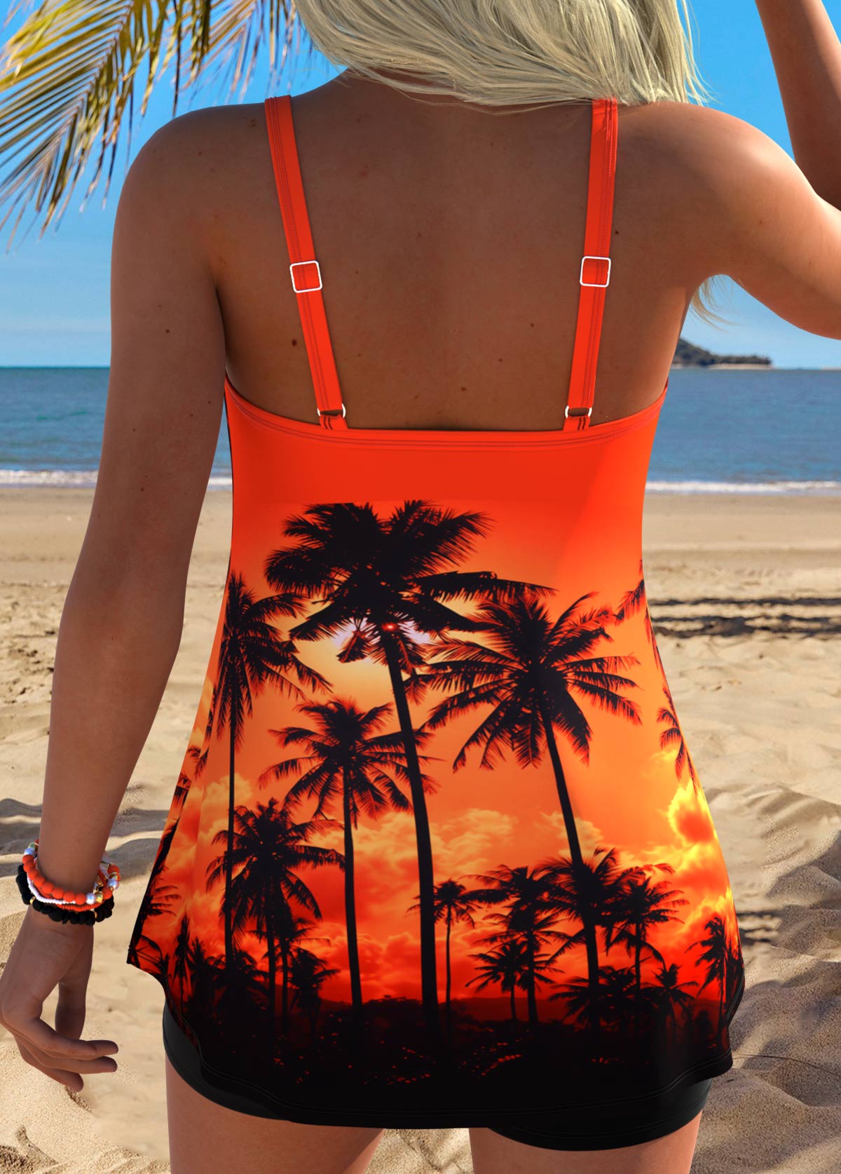 Orange Tummy Coverage Tropical Plants Print Tankini Set | picture 