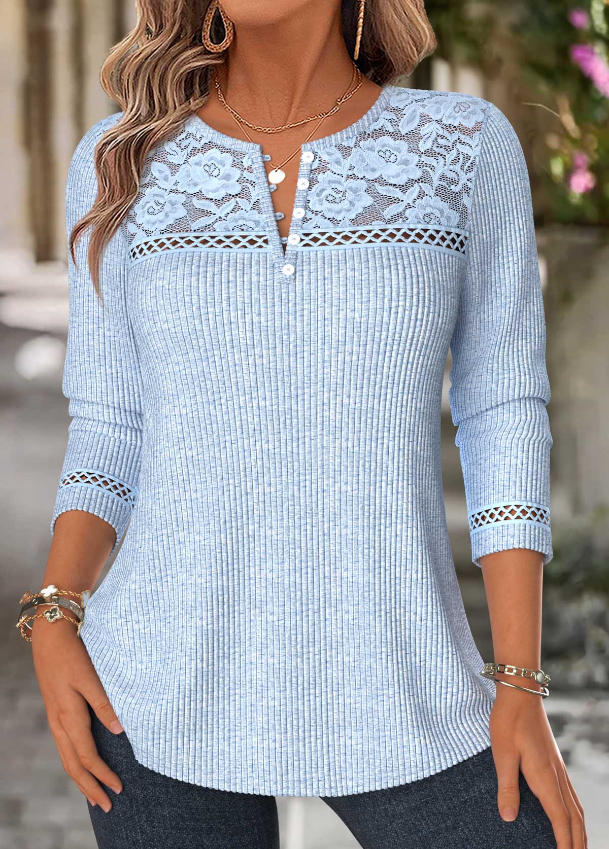 Blue Patchwork Long Sleeve Split Neck T Shirt | picture 