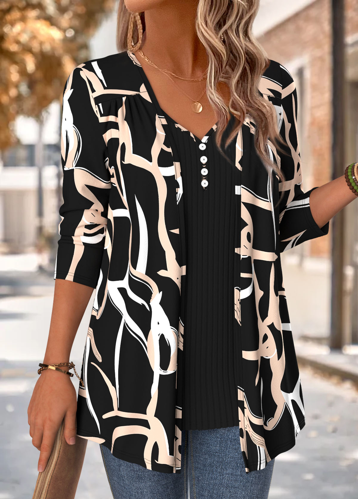 Black Geometric Print Long Sleeve Fake Two Piece Twinset | picture 