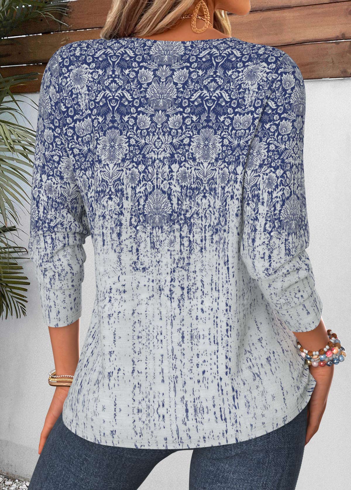 Blue Tribal Print Curved Hem Long Sleeve T Shirt | picture 