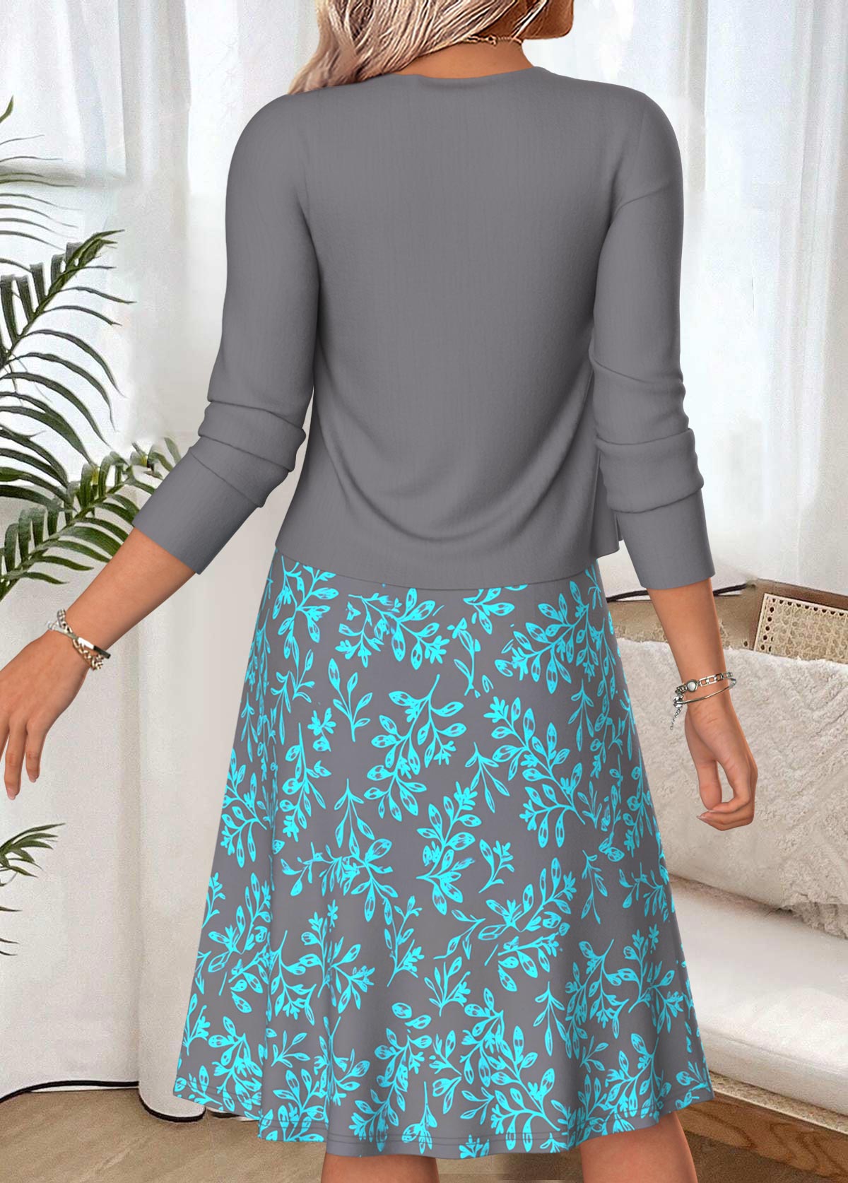 Light Grey Leaf Print Two-piece Dress and Cardigan | picture 