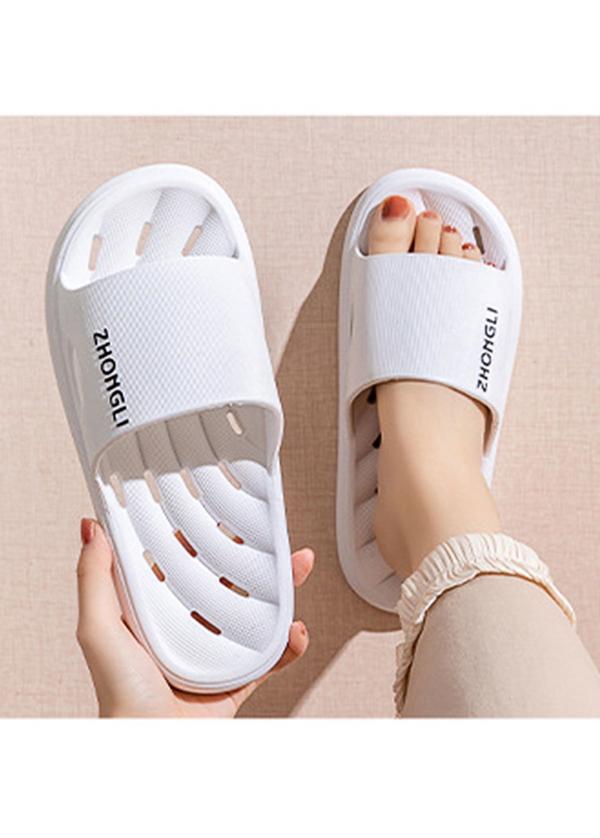 White Rubber Round Toe Falt Sliders | picture 