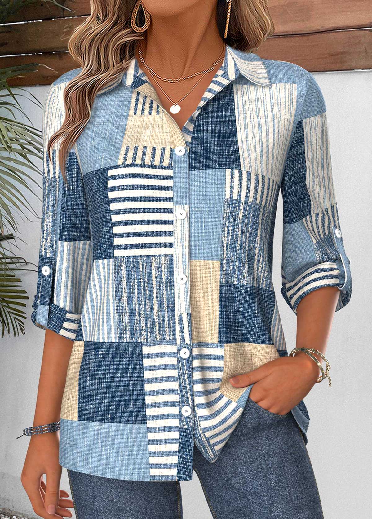 Denim Blue Geometric Print Tummy Coverage 3/4 Sleeve Shirt | picture 
