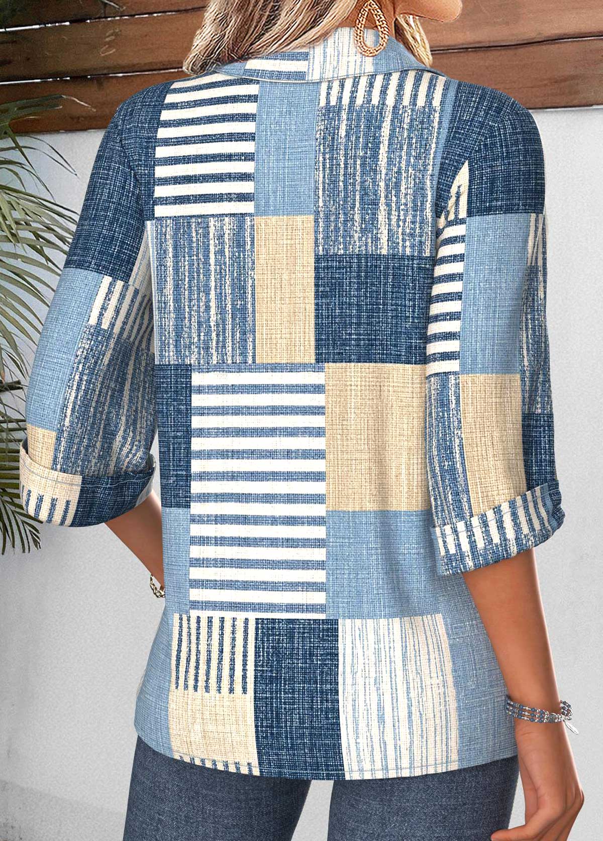 Denim Blue Geometric Print Tummy Coverage 3/4 Sleeve Shirt | picture 