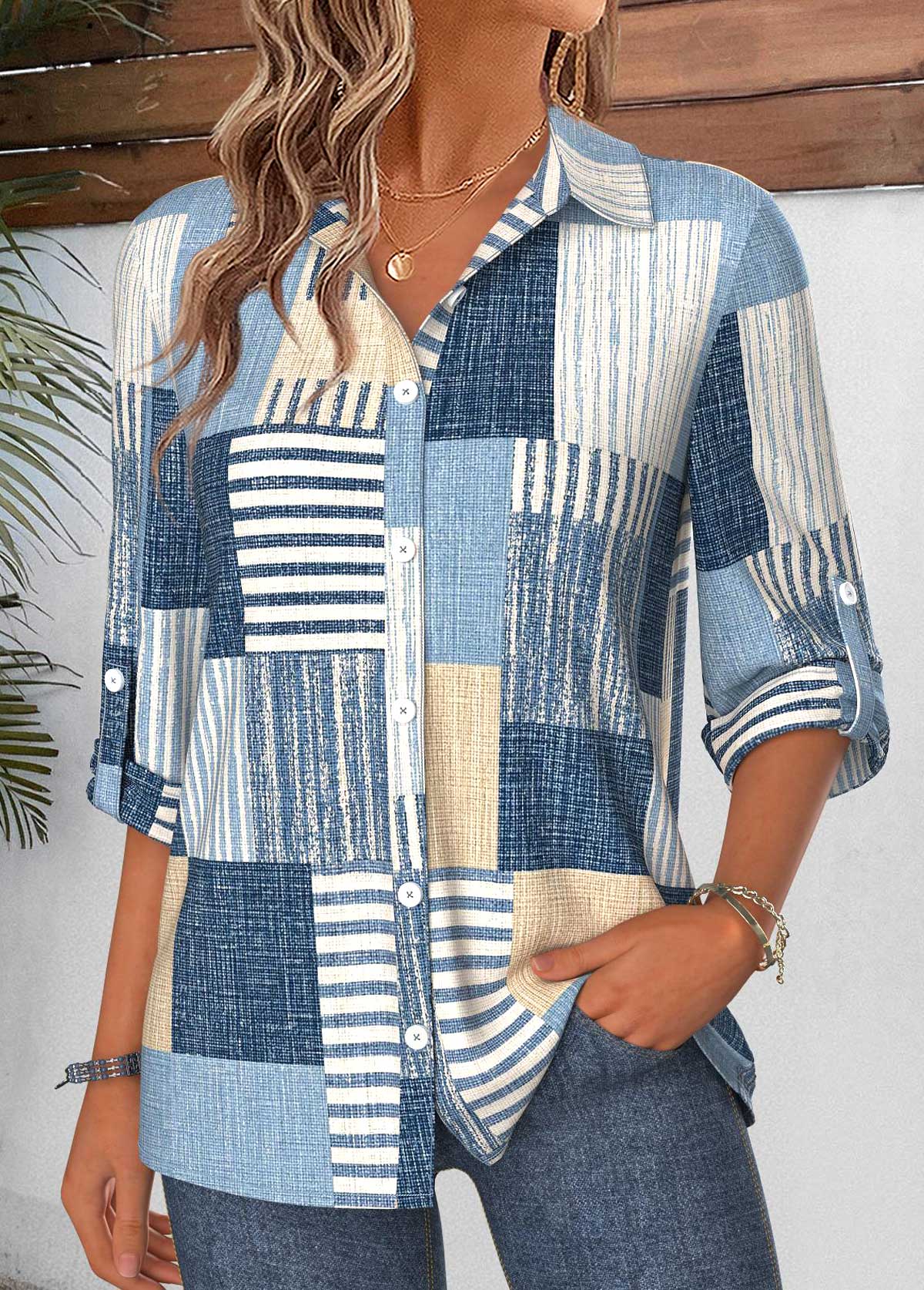 Denim Blue Geometric Print Tummy Coverage 3/4 Sleeve Shirt | picture 