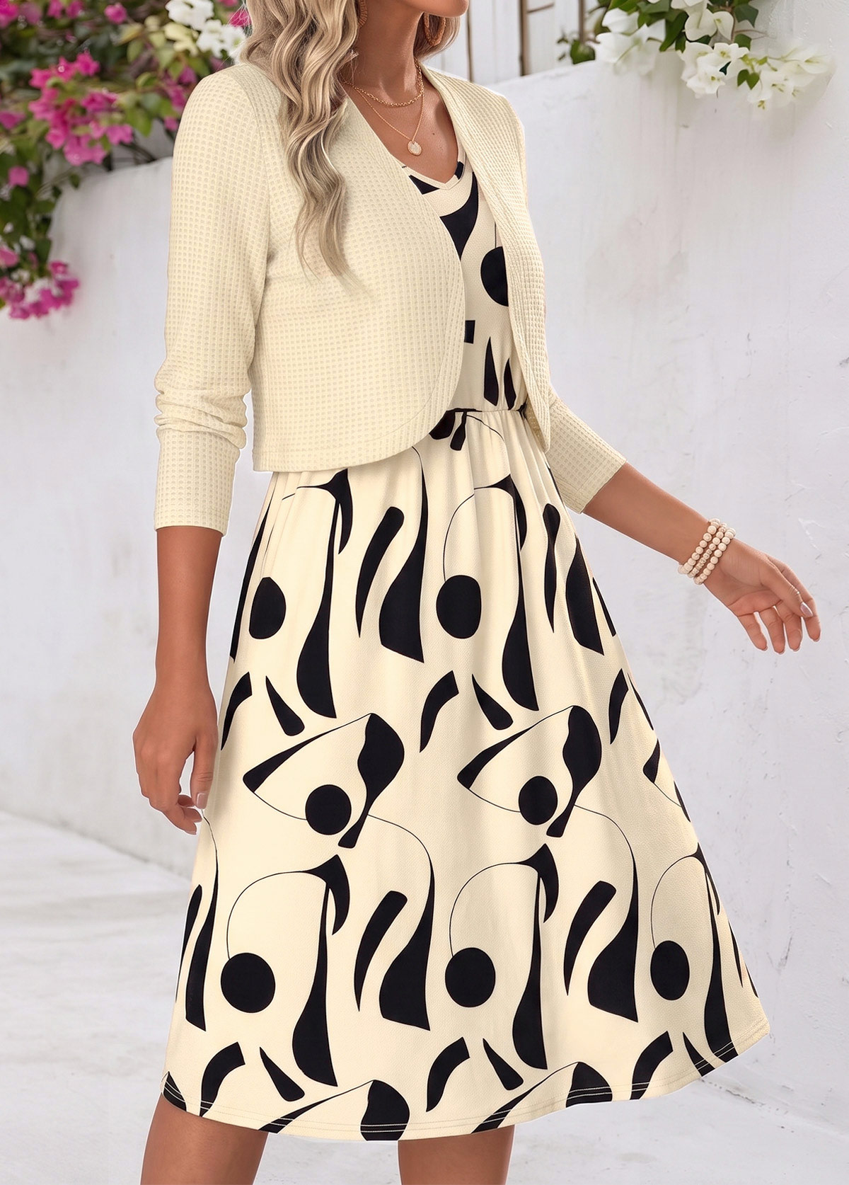 Beige Geometric Print Tummy Coverage Dress and Cardigan | picture 
