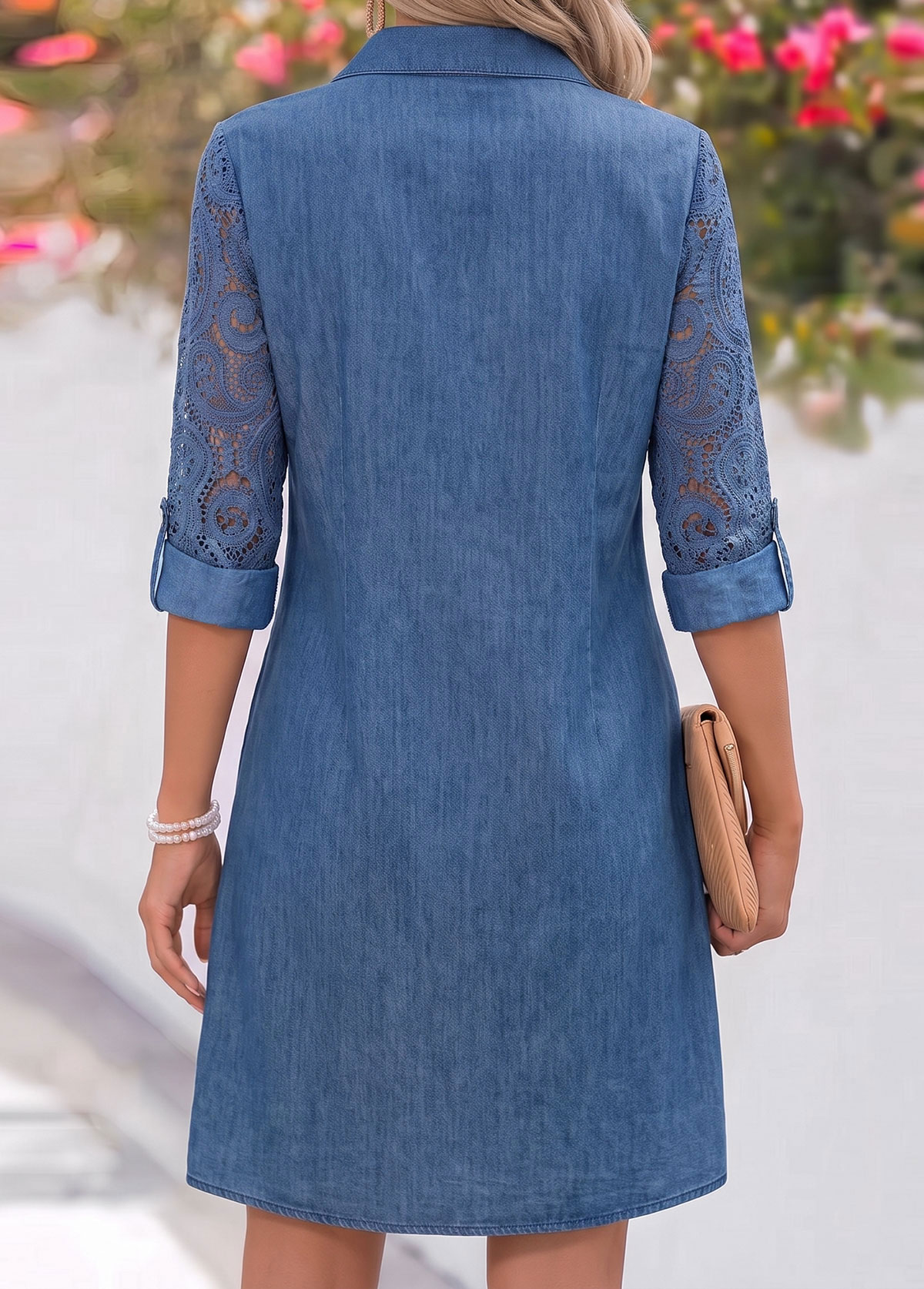 Denim Blue Short Patchwork Long Sleeve Shirt Collar Dress | picture 