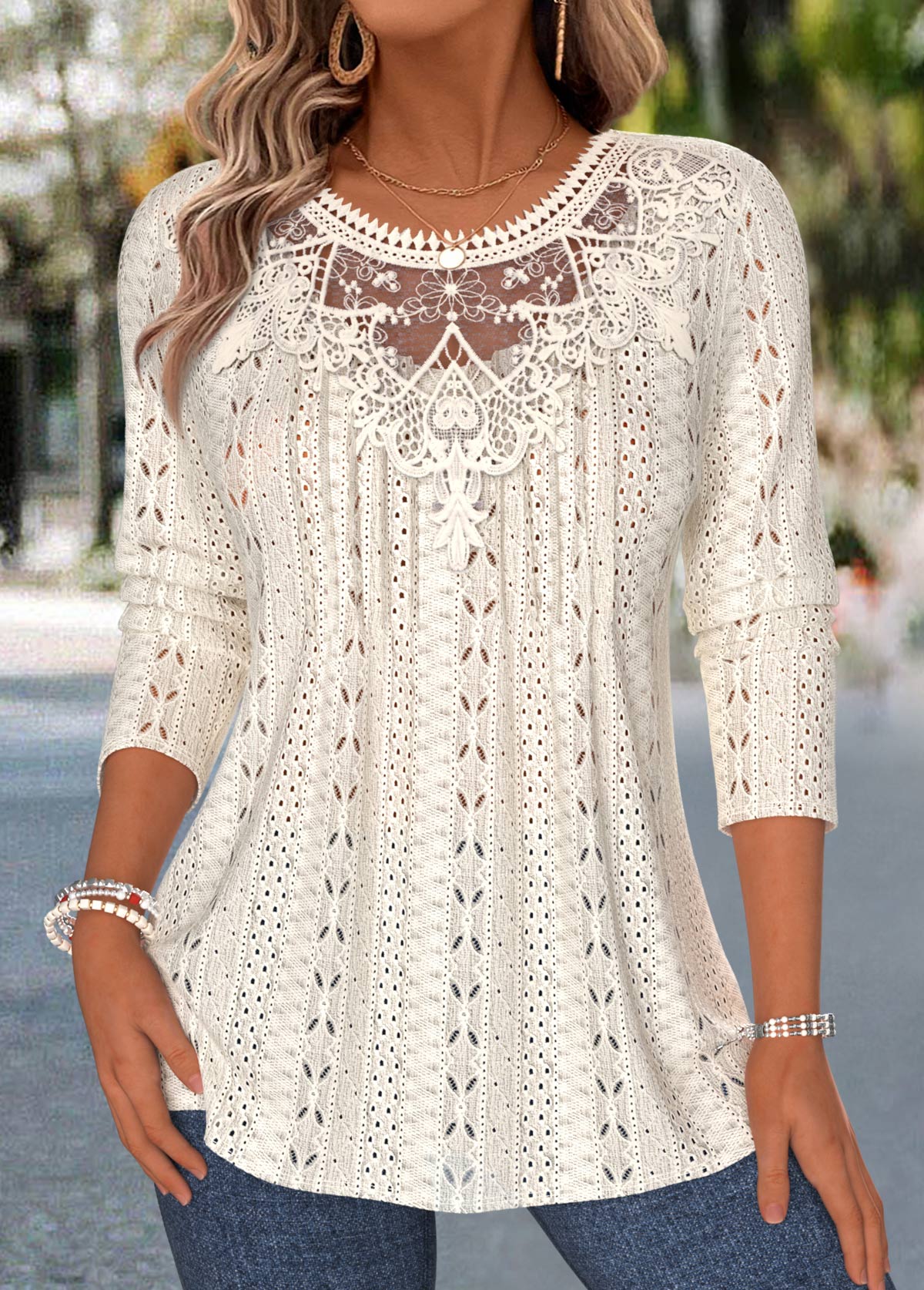Beige Patchwork Long Sleeve Round Neck T Shirt | picture 