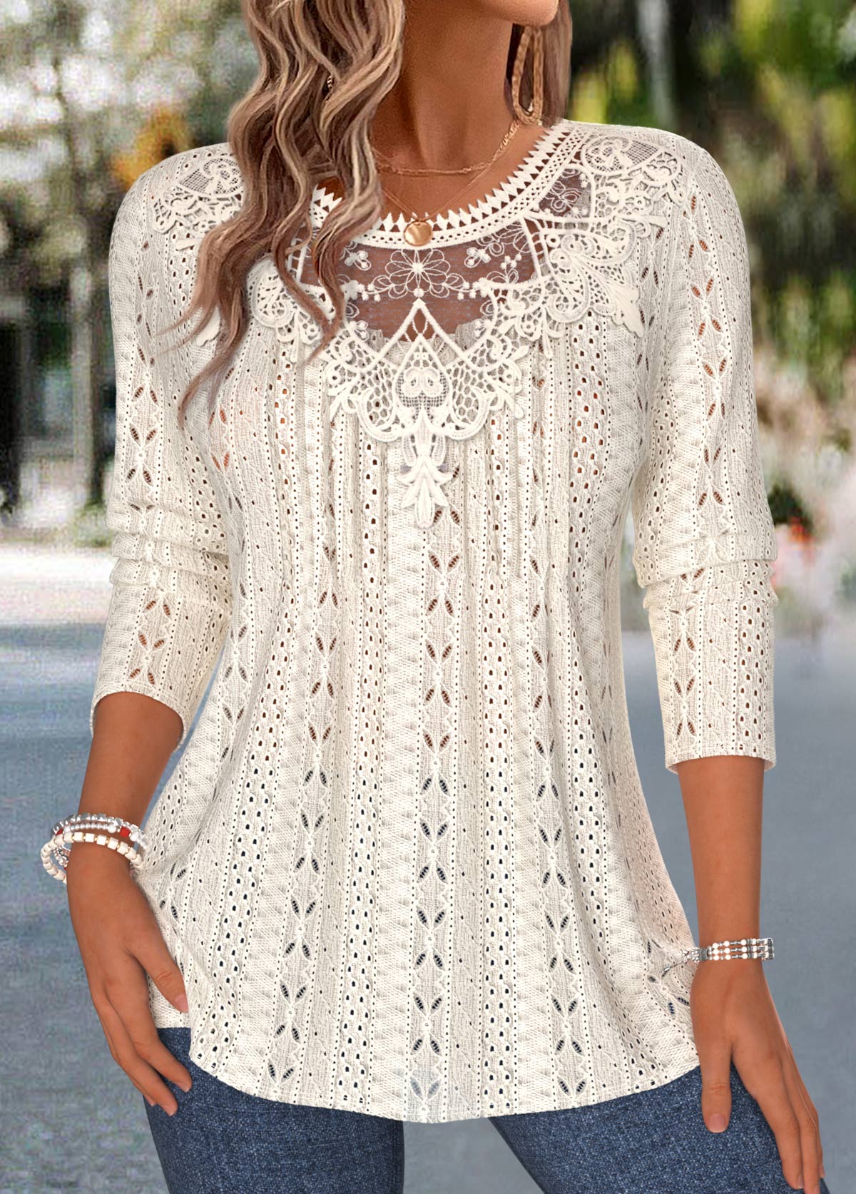 Beige Patchwork Long Sleeve Round Neck T Shirt | picture 