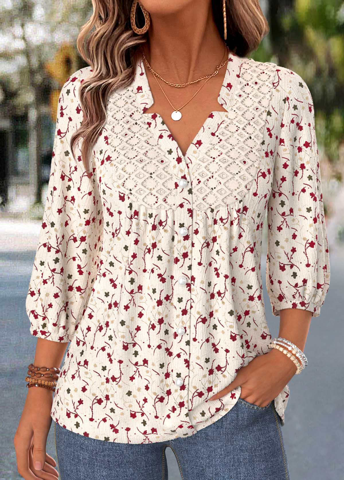 Beige Ditsy Floral Print Shirred 3/4 Sleeve Blouse | picture 