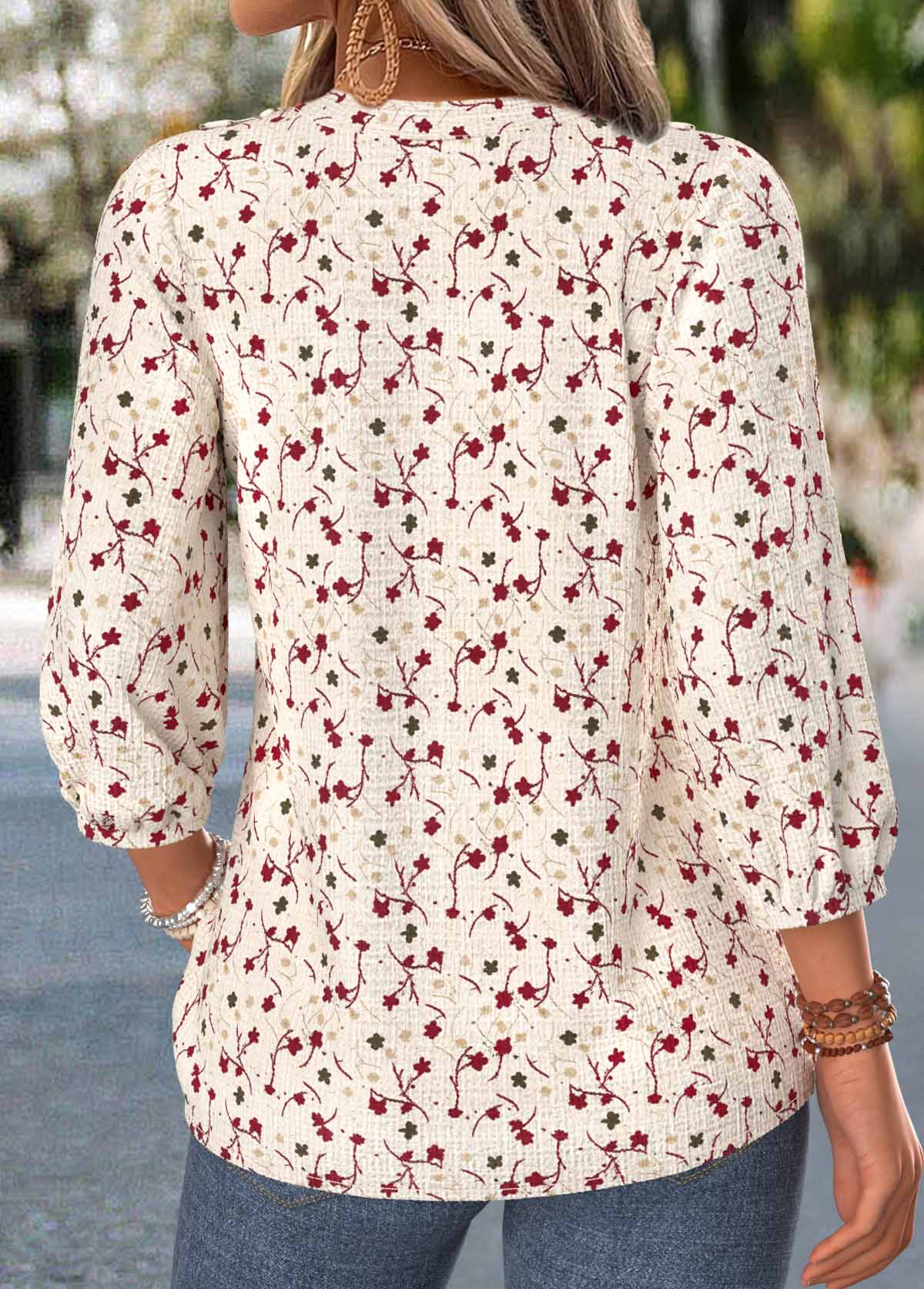 Beige Ditsy Floral Print Shirred 3/4 Sleeve Blouse | picture 
